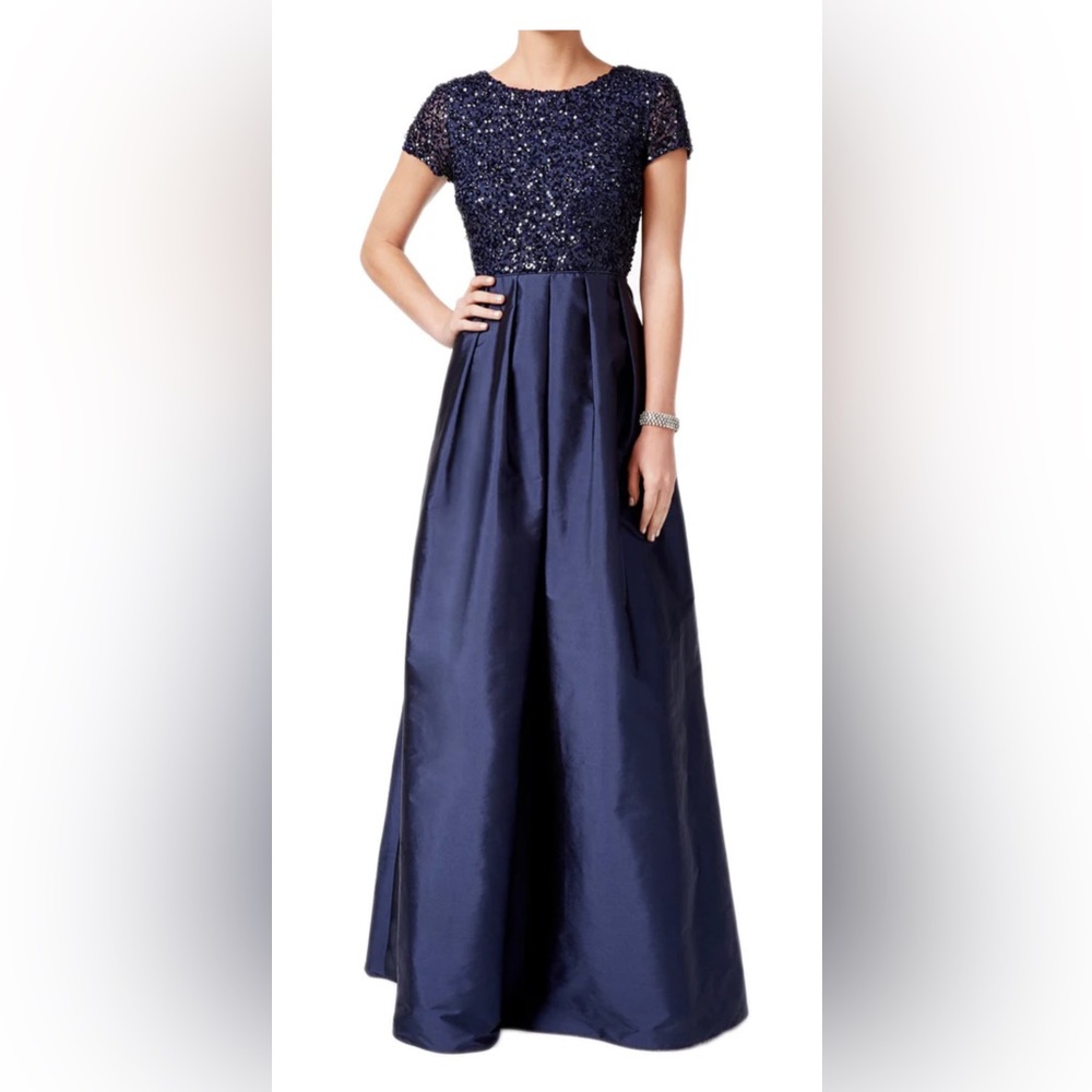 Adrianna Papell Cap Sleeve Sequin Taffeta Evening Gown - Dark Navy